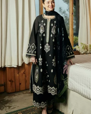 Black 3-piece embroidered suit with printed chiffon dupatta and cutwork trousers - Zaira's Collection