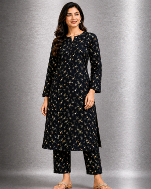 Woman modeling the Noor Black Floral Unstitched Linen 2 Piece Suit by Zaira's Collection, featuring a black long-sleeved tunic and matching trousers with a small floral print.