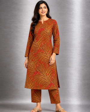 Rust brown 2 piece printed linen suit unstitched shirt and trousers - Zaira's Collection
