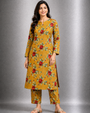 Woman modeling a mustard golden 2-piece linen suit with red floral and green botanical prints, featuring a keyhole neckline long kurta and straight trousers.